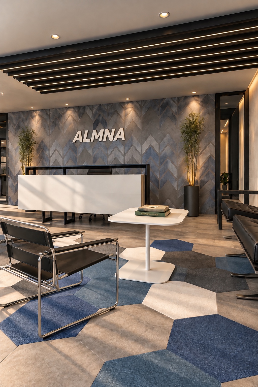 Visualización arquitectónica de recepción ALMNA, vista frontal