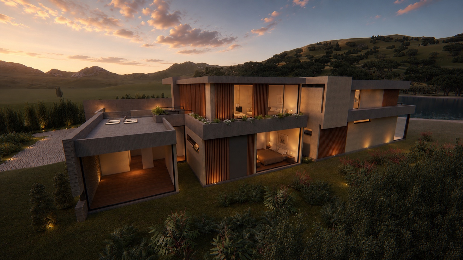 Vivienda contemporánea al atardecer