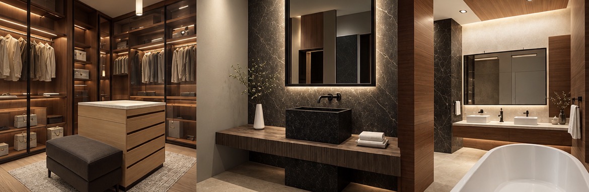 Visualización de interiores residenciales: vestidor, lavabo y baño