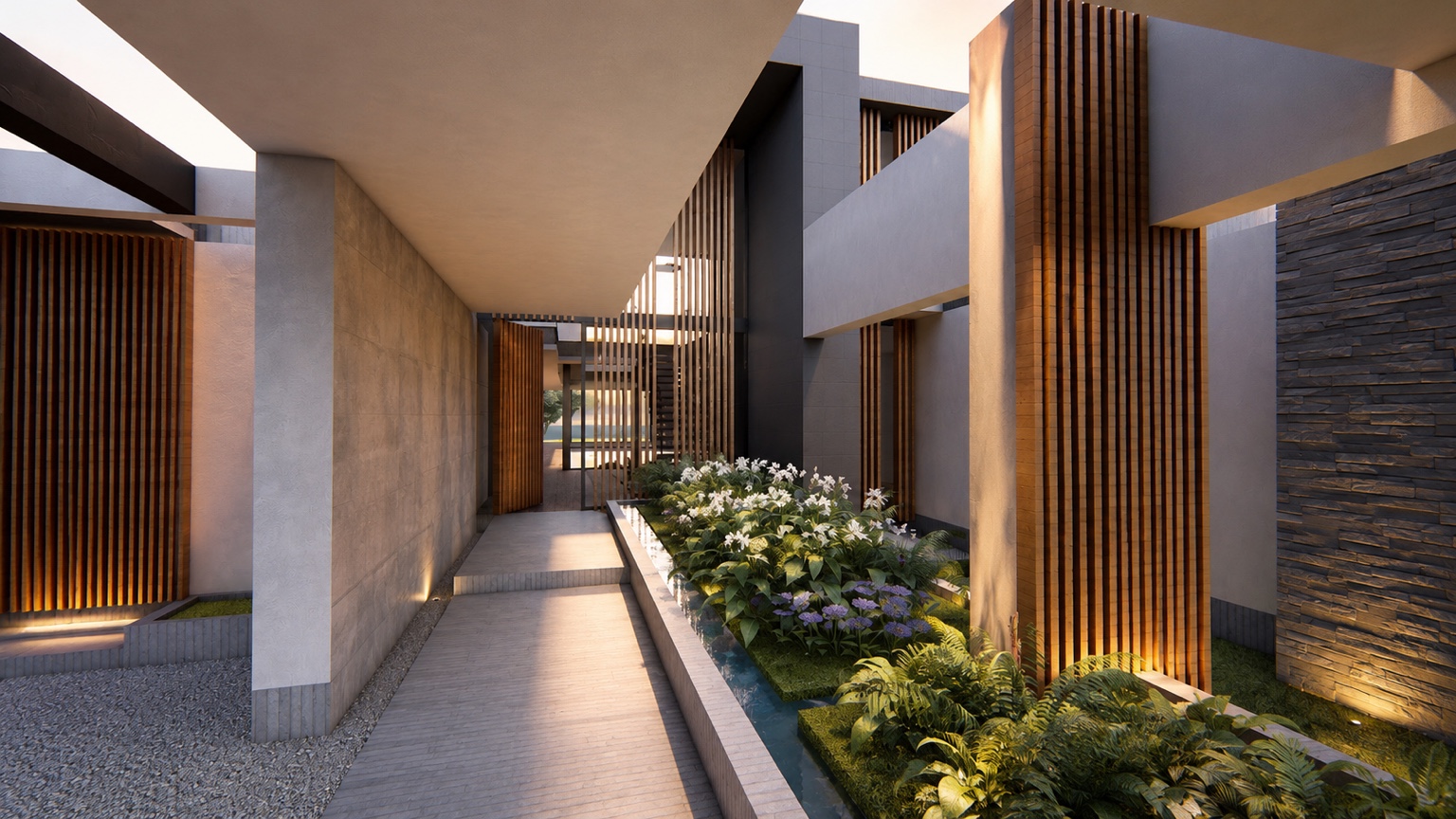 Patio y recorrido interior residencial