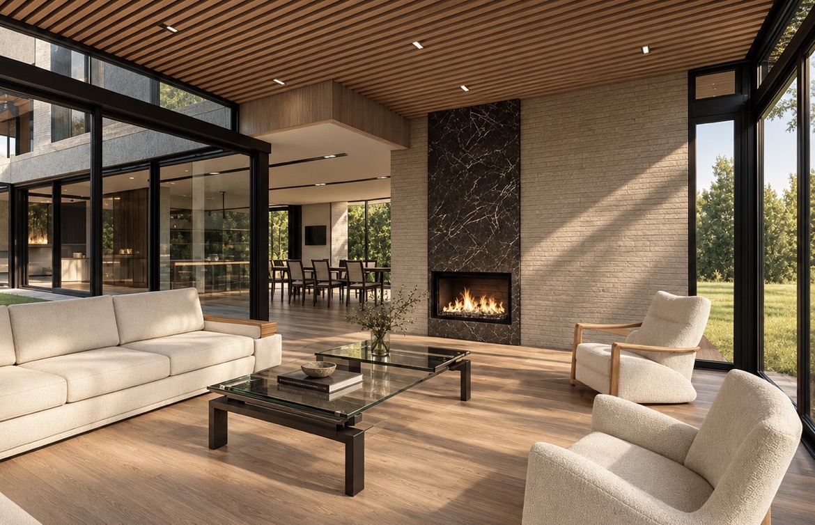 Visualización de interior residencial con zona social, chimenea y conexión al jardín